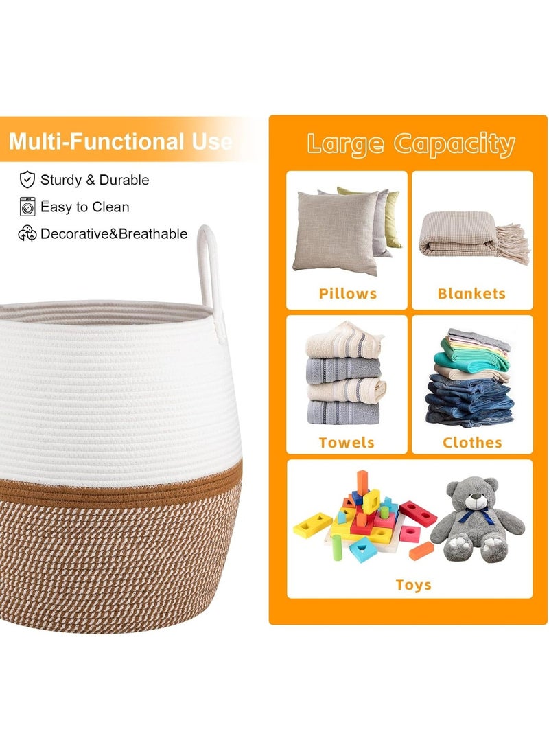Bukela 60L Blanket Basket with Handle, Storage Basket for Living Room, Laundry Hamper for Clothes, Towels, Pillows, Toy Storage for Kids and Dogs, Baby Hamper for Nursery - Brown & White - Image 4